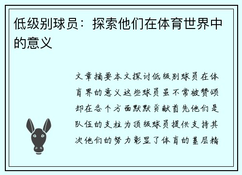 低级别球员：探索他们在体育世界中的意义